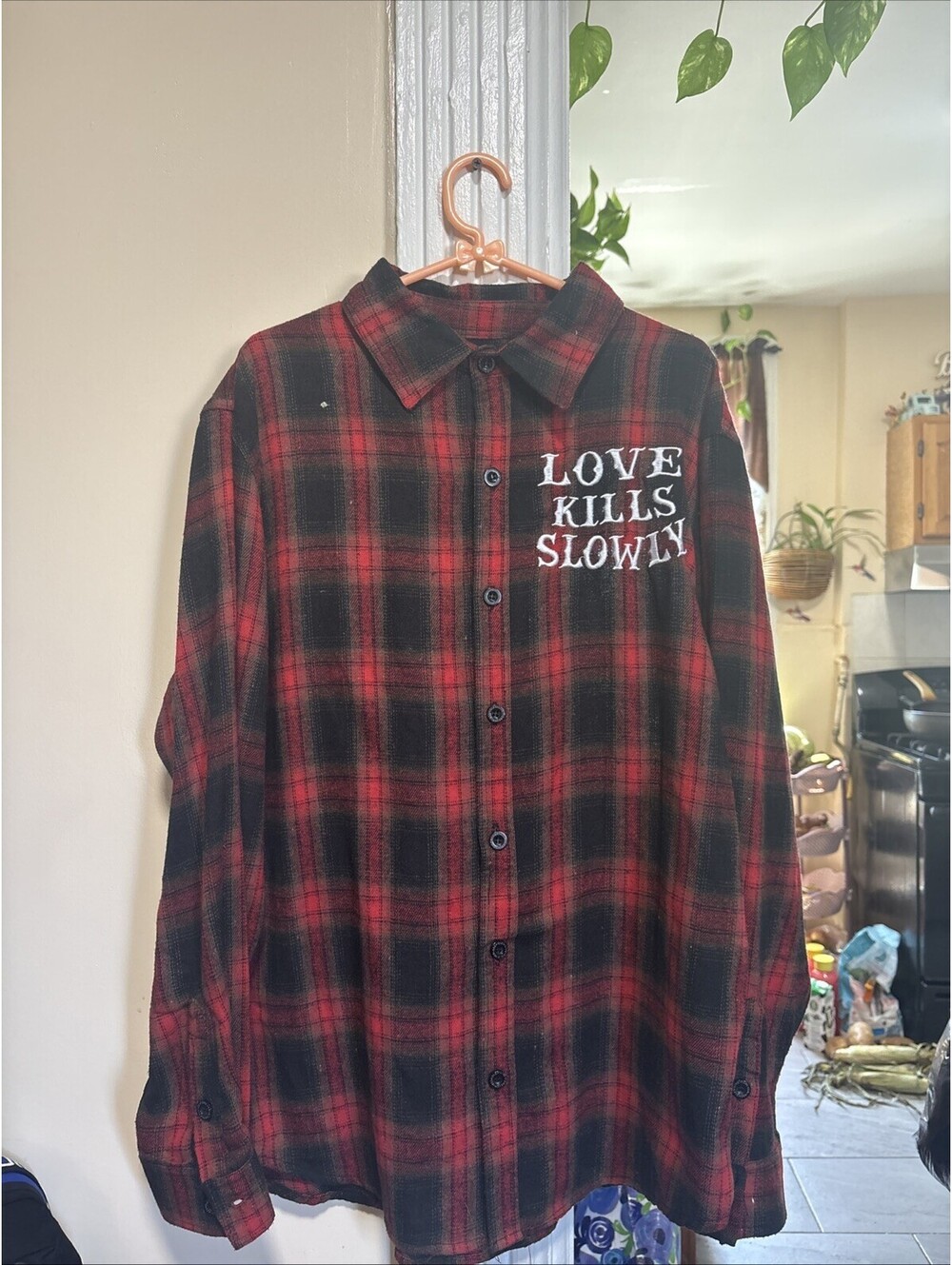 Assholess Live Forever Shirt Woolly Check Men's Red and Black Size Medium